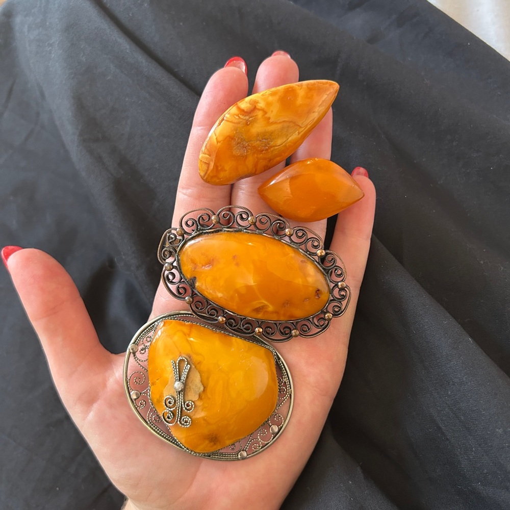 Amber Stone Brooch Set in Silver